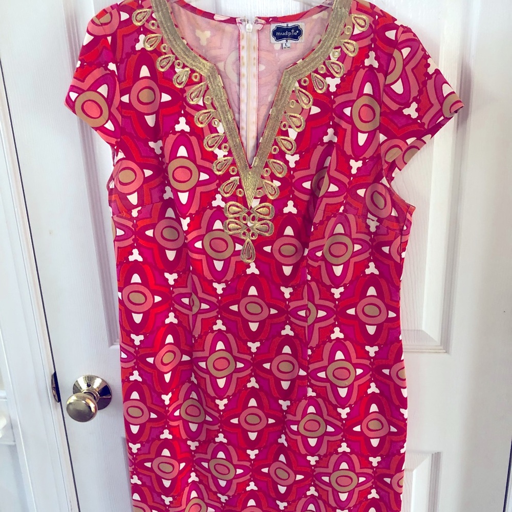 Mud Pie Red Pink White and Gold Dress